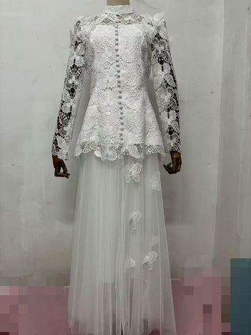 Spring French High-End Temperament Collar Three-Dimensional Butterfly Water-Soluble Lace Splicing Mesh Dress Dress